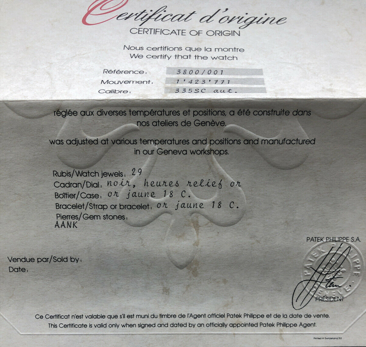 Patek Philippe Nautilus 3800 Certificate Of Origin Blank Undated 3800 / 001 OEM