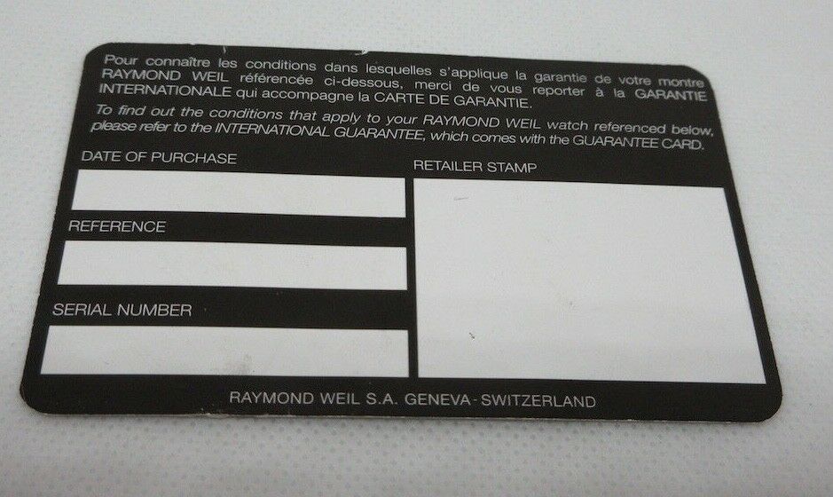 Raymond Weil Blank Warranty Card OEM Genuine
