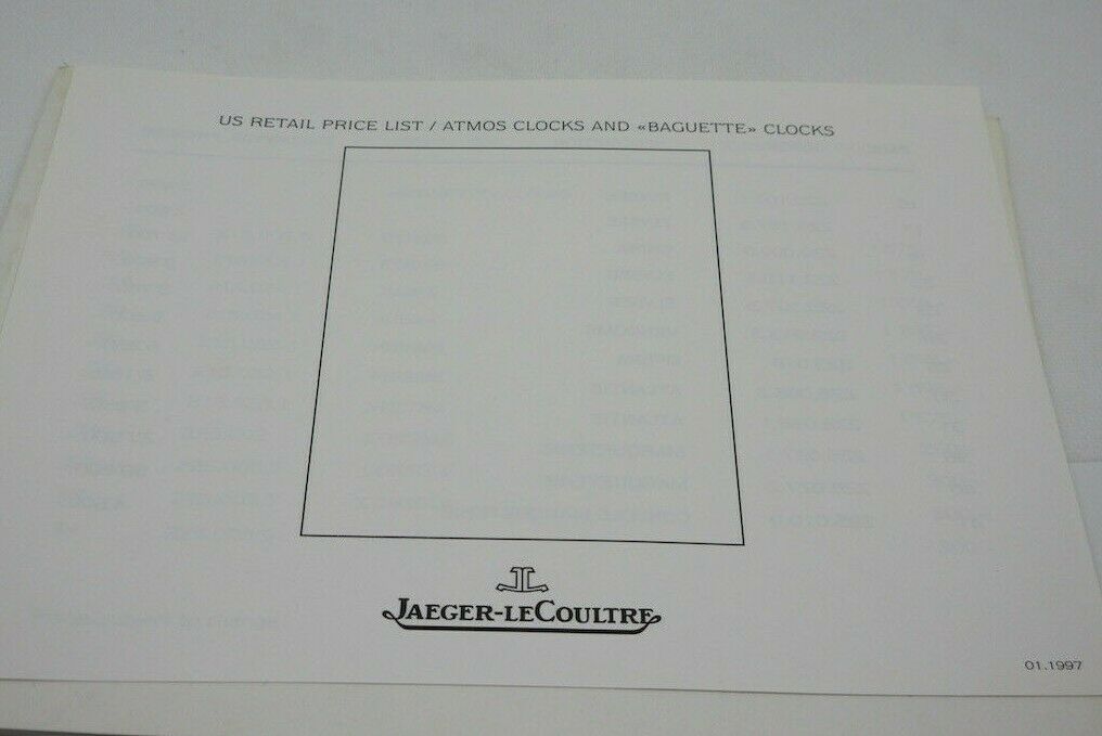 Jaeger LeCoultre Atmos Watch Brochure OEM Genuine with Price List
