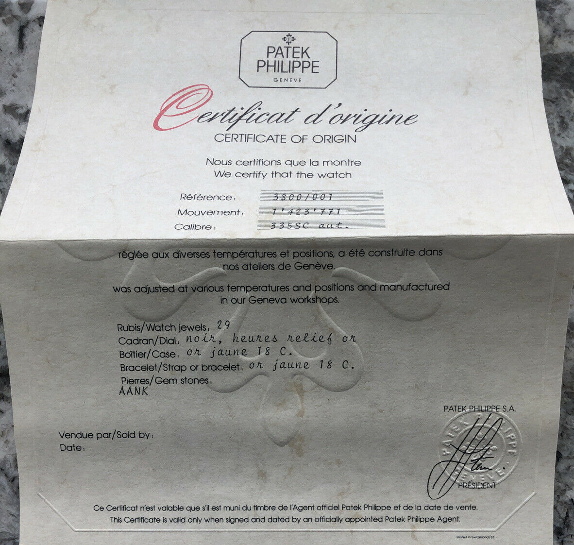 Patek Philippe Nautilus 3800 Certificate Of Origin Blank Undated 3800 / 001 OEM