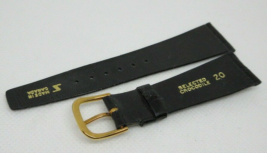 New 20mm Black Alligator Strap Gold Tone Stainless Steel Buckle