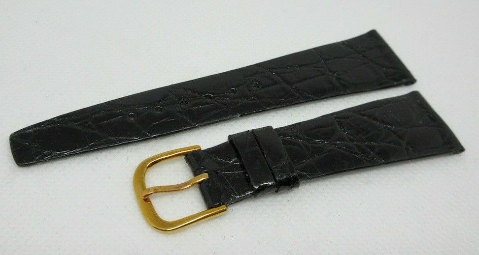 New 20mm Black Alligator Strap Gold Tone Stainless Steel Buckle
