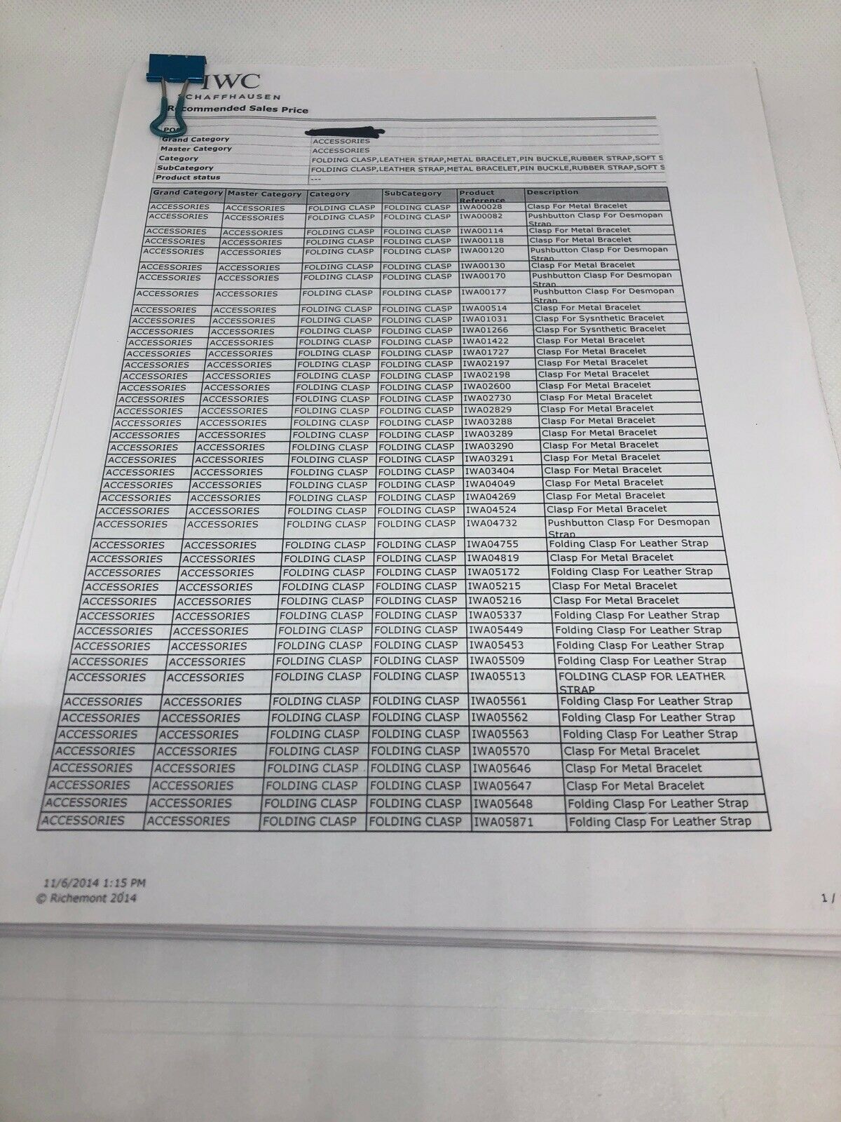 IWC Price List For Watch Bracelets Straps Buckles 2014 Dealer Manual Guide