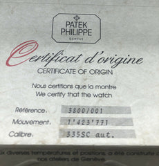 Patek Philippe Nautilus 3800 Certificate Of Origin Blank Undated 3800 / 001 OEM